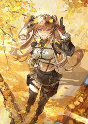 1girl autumn_leaves black_bow black_footwear black_pantyhose black_skirt black_thighhighs bow brown_hair falling_leaves from_above full_body ginkgo_leaf ginkgo_tree girls&#039;_frontline girls&#039;_frontline_2:_exilium grin hair_bow hand_up highres leaf looking_at_viewer miniskirt navel pantyhose pleated_skirt pouch red_eyes shirt single_leg_pantyhose single_thighhigh skirt smile solo standing standing_on_one_leg stomach suspender_skirt suspenders tang_qi_zang teeth thigh_pouch thighhighs two_side_up ump9_(girls&#039;_frontline) w white_shirt yellow_background