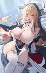 1girl azur_lane black_dress black_gloves blonde_hair blush breasts cleavage commentary dress floor gloves halo highres horns implacable_(azur_lane) laevan large_breasts long_hair looking_at_viewer navel nun open_mouth sitting thighhighs tongue white_thighhighs rating:Questionable score:42 user:danbooru
