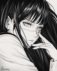  1girl absurdres black_hair chainsaw_man greyscale hands_on_own_face highres instagram_username long_hair long_sleeves looking_at_viewer marvin_(omarvin) monochrome nail ringed_eyes scar scar_on_face school_uniform signature solo twitter_username uniform yoru_(chainsaw_man)  rating:General score:10 user:danbooru