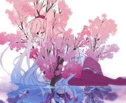  1girl :d absurdres arm_support cherry_blossoms closed_eyes commentary detached_sleeves eiku facing_down frilled_shirt frills from_side full_body hatsune_miku highres long_hair long_sleeves open_mouth pink_hair pink_skirt pink_sleeves pink_thighhighs pleated_skirt profile sakura_miku sapling shattered shirt signature simple_background sitting skirt sleeveless sleeveless_shirt smile solo thighhighs twintails very_long_hair vocaloid white_background white_shirt yokozuwari zettai_ryouiki 