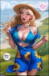  1girl absurdres aroma_sensei artist_name beach bikini bikini_under_clothes black_border blonde_hair blue_dress blue_eyes blue_panties blush border breasts cleavage clothes_pull collarbone covered_navel cowboy_shot curvy dress dress_pull english_text floating_hair floral_print freckles frilled_bikini frills grass haley_(stardew_valley) halterneck hat highres large_breasts long_hair looking_to_the_side mole mole_on_breast nose open_clothes open_dress open_mouth outdoors panties pantyshot parted_hair patreon_username plaid plaid_bikini short_dress sky smile solo sound_effects stardew_valley straw_hat swimsuit underwear undressing v-neck wide_hips wind wind_lift  rating:Sensitive score:80 user:danbooru