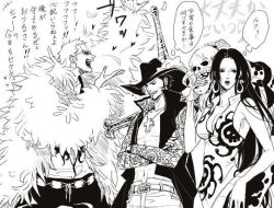 1girl 2boys boa_hancock breasts cleavage crossed_arms donquixote_doflamingo dracule_mihawk dress earrings facial_hair feather_boa goatee hat heart jewelry jolly_roger katana kogatana lily_(artist) monochrome multiple_boys muscular mustache necklace one_piece open_clothes open_shirt popped_collar salome_(one_piece) shirt skull snake spoken_heart standing sunglasses sword text_focus thought_bubble translated weapon yoru_(one_piece) 