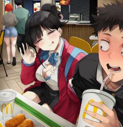  2girls 3boys :p absurdres ass black_eyes black_hair black_jacket black_pants black_skirt blue_bra blue_shorts blush bob_cut boyfriend_(yoru_mac) bra bra_peek breasts cashier chicken_nuggets cleavage clothes_grab commentary commission cup disposable_cup english_commentary father_(yoru_mac) fellatio_gesture flustered girlfriend_(yoru_mac) green_shirt highres holding holding_cup indoors inkspirate jacket large_breasts licking_lips long_hair looking_at_another mcdonald&#039;s mole mole_under_eye mother_(yoru_mac) multiple_boys multiple_girls naughty_face on_chair open_clothes open_jacket orange_hair pants partially_unbuttoned ponytail product_girl product_placement red_jacket saliva saliva_trail school_uniform shirt short_hair short_shorts shorts sitting skirt sleeve_grab tongue tongue_out underwear white_shirt yoru_mac  rating:Questionable score:112 user:danbooru