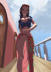  1girl absurdres black_hair breasts clothes clothes_grab female_focus fu7444 highres looking_at_viewer medium_breasts nico_robin no_panties one_piece pussy solo sunglasses sunglasses_on_head  rating:Explicit score:54 user:SlayDash