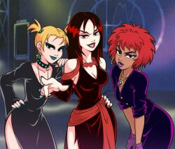  3girls amulet bat_necklace black_eyes black_hair blonde_hair breasts choker cleavage dark-skinned_female dark_skin dress dusk_(scooby-doo) earrings eyeshadow fangs gloves goth_fashion green_eyes green_eyeshadow green_lips group_picture hand_on_own_hip hex_girls highres hoop_earrings jewelry lipstick long_hair looking_at_viewer luna_(scooby-doo) makeup medium_breasts mole mole_above_mouth mole_on_cheek multicolored_hair multiple_girls pointing pointing_at_viewer purple_eyes purple_eyeshadow purple_lips red_hair red_lips red_nails red_sash sash scooby-doo scooby-doo_and_the_witch&#039;s_ghost short_hair short_twintails smile stage studded_choker ta-na_(tana351) thorn_(scooby-doo) twintails two-tone_hair 