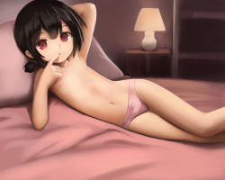  1girl artist_request bed black_hair blush brown_eyes censored crumbles finger_to_mouth flat_chest highres hotel_room lamp loli long_hair looking_at_viewer lying navel night nightstand nipples panties pillow pink_panties ponytail short_hair sky topless underwear window  rating:Questionable score:330 user:lord_muffington