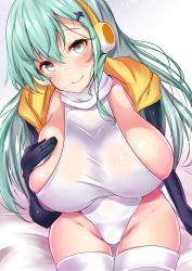  10s 1girl aqua_hair arm_support black_gloves blush breasts cosplay emperor_penguin_(kemono_friends) emperor_penguin_(kemono_friends)_(cosplay) gloves hair_ornament hairclip hand_on_own_chest headwear_request highres hood hoodie huge_breasts kantai_collection kemono_friends leotard long_hair looking_at_viewer looking_up on_bed purple_eyes sankakusui sideboob sitting skindentation smile solo suzuya_(kancolle) thigh_gap thighhighs thighs white_leotard white_thighhighs  rating:Questionable score:38 user:danbooru