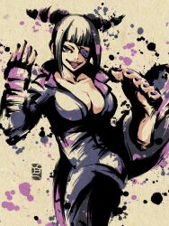  1girl barefoot black_hair bodysuit breasts catsuit cleavage collarbone cowboy_shot eyepatch fingerless_gloves foot_up gloves han_juri highres ink_wash_painting large_breasts limited_palette pe51illust purple_bodysuit purple_hair purple_lips purple_nails smile solo street_fighter 