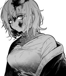  1girl absurdres blood blood_in_hair blood_on_face breasts closed_mouth coat dungeon_meshi expressionless falin_touden greyscale highres jihecchi large_breasts looking_at_viewer monochrome off_shoulder short_hair simple_background solo upper_body 