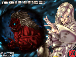  2boys black_sclera character_name colored_sclera colored_skin copyright_name cropped_jacket dual_persona glowing glowing_eyes hair_over_one_eye hair_slicked_back king_of_fighters_xiii long_hair male_focus multiple_boys muscular nikuji-kun nude parted_bangs platinum_blonde_hair red_skin saiki_(kof) the_king_of_fighters the_king_of_fighters_xiii 