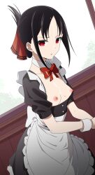  1girl absurdres apron black_dress black_hair bow breasts breasts_out collarbone coro_fae cum cum_on_body cum_on_breasts cum_on_clothes cum_on_hair cum_on_upper_body detached_collar dot_nose dress facial folded_ponytail frown highres kaguya-sama_wa_kokurasetai_~tensai-tachi_no_renai_zunousen~ long_hair looking_at_viewer maid maid_apron maid_headdress nipples open_mouth paid_reward_available red_bow red_eyes shinomiya_kaguya short_sleeves small_breasts solo  rating:Explicit score:153 user:qwertysss