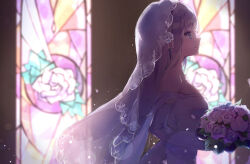  1girl anzu_(v0_0v_o0) bare_shoulders bouquet breasts bridal_veil bride church dress elbow_gloves elf emilia_(re:zero) flower from_side gloves highres holding holding_bouquet indoors long_hair looking_to_the_side medium_breasts pointy_ears purple_eyes re:zero_kara_hajimeru_isekai_seikatsu rose sideboob solo stained_glass strapless strapless_dress upper_body veil wedding wedding_dress white_dress white_flower white_gloves white_hair white_rose 