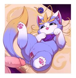  :p absurdres after_vaginal aftersex anus bestiality blue_eyes blue_fur cat cum cum_in_pussy cumdrip gaping hetero highres kekitopu league_of_legends lying on_back pawpads penis pussy tongue tongue_out uncensored yuumi_(league_of_legends) 