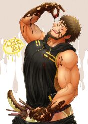  04sora40 1boy absurdres banana bara bare_arms beard black_male_underwear brown_hair bulge_peek chocolate chocolate_on_body chocolate_on_pectorals clothes_pull come_hither cowboy_shot english_text facial_hair fishnet_underwear food food_on_body food_on_face from_side fruit full_beard highres holding holding_food holding_pocky hood hoodie large_pectorals looking_at_viewer male_focus male_underwear mature_male muscular muscular_male original pants pants_pull pectorals pocky pouring pouring_onto_self profile seductive_smile sexually_suggestive sidepec sideways_glance sleeveless sleeveless_hoodie smile solo standing thick_beard thick_eyebrows underwear valentine yellow_male_underwear 