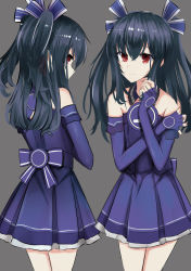  backless_dress backless_outfit bare_shoulders black_hair collar collared_dress dress elbow_gloves fingerless_gloves flat_chest gloves hair_between_eyes hair_ornament hair_ribbon twirling_hair hand_in_own_hair happy highres idqd long_hair looking_at_viewer looking_back neck neptune_(series) official_alternate_costume purple_dress purple_skirt red_eyes ribbon sidelocks simple_background skirt smile solo thighs tsundere twintails uni_(neptunia) upper_body  rating:Sensitive score:6 user:ilovemycutewifeuni