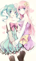 2girls :d ahoge aqua_eyes aqua_hair bad_id bad_pixiv_id bare_shoulders black_legwear blush closed_mouth colorful_x_melody_(vocaloid) couple detached_sleeves dress elbow_gloves female_focus flower frilled_dress frills gloves hair_flower hair_ornament hakui hatsune_miku heart holding_hands interlocked_fingers long_hair looking_at_viewer megurine_luka multiple_girls neck open_mouth pink_hair pink_ribbon project_diva_(series) project_diva_2nd purple_dress ribbon smile strapless strapless_dress striped_clothes striped_dress thighhighs twintails v vocaloid white_gloves yellow_ribbon yuri rating:Sensitive score:7 user:danbooru