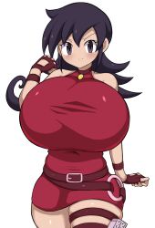  1girl absurdres bare_shoulders breasts curvy duel_masters highres huge_breasts jaga334 long_hair looking_at_viewer purple_eyes purple_hair simple_background smile solo tasogare_mimi thick_thighs thighs white_background  rating:Sensitive score:7 user:RIG