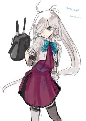  1girl absurdres asashimo_(kancolle) asashimo_kai_ni_(kancolle) blue_bow blue_bowtie bow bowtie dated dress grey_eyes grey_hair grey_thighhighs hair_over_one_eye highres jacket kantai_collection long_hair multicolored_hair nataro_1116 one-hour_drawing_challenge ponytail purple_dress simple_background sketch solo thighhighs twitter_username very_long_hair white_background white_hair white_jacket 