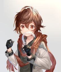  1boy age_regression aged_down alternate_costume brown_hair casual coto_ne feathers gloves granblue_fantasy half_gloves jacket male_focus red_eyes sandalphon_(granblue_fantasy) sandalphon_(primarch_afterhours)_(granblue_fantasy) scarf shirt short_hair solo  rating:Sensitive score:8 user:danbooru