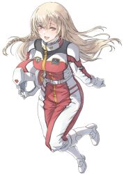  1girl blonde_hair blush boots breasts brown_eyes character_request christina_mackenzie christina_mackenzie_(cosplay) copyright_request cosplay earth_federation_space_forces gundam gundam_0080 helmet highres long_hair looking_at_viewer medium_breasts open_mouth solo spacesuit suzumaru very_long_hair 
