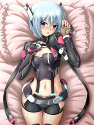 1girl absurdres bed_sheet blue_eyes blue_hair breasts cleavage covered_erect_nipples cowboy_shot fingerless_gloves from_above gloves highres light_blue_hair looking_at_viewer lying mecha_musume midriff navel on_back original phantasy_star phantasy_star_online_2 pillow short_hair small_breasts solo taro_(oneone1) 