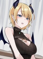 1girl bare_shoulders black_dress black_sweater blonde_hair breasts cleavage cleavage_cutout clothing_cutout commentary_request demon_girl demon_horns demon_wings dress e-wing_(ewingillustrate) earrings highres hololive horns indoors jewelry large_breasts open_mouth pendant pointy_ears short_hair sleeveless sleeveless_turtleneck smile solo sweater sweater_dress turtleneck turtleneck_sweater upper_body virtual_youtuber wings yuzuki_choco yuzuki_choco_(streetwear)