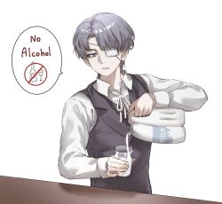  1boy black_vest collared_shirt commentary counter cup daan_(fear_&amp;_hunger) english_text eyepatch fear_&amp;_hunger fear_&amp;_hunger_2:_termina grey_eyes grey_hair highres holding holding_cup jug_(bottle) lilio long_sleeves male_focus medical_eyepatch milk neck_ribbon no_symbol parted_lips pouring ribbon shirt simple_background solo speech_bubble standing symbol-only_commentary vest white_background white_ribbon white_shirt 