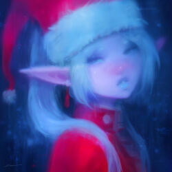  1girl alex_chow blue_eyes blue_lips blue_theme blush frieren from_side fur-trimmed_headwear fur_trim hair_behind_ear hat jacket long_hair long_pointy_ears looking_to_the_side nose_blush parted_lips pointy_ears portrait red_hat red_jacket santa_hat solo sousou_no_frieren twintails 