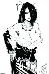  1girl artist_name bare_shoulders bead_necklace beads belt belt_buckle breasts buckle cleavage closed_mouth collarbone corset cowboy_shot dress eudetenis expressionless final_fantasy final_fantasy_x fingernails fur_trim greyscale hair_bun hair_ornament hair_over_one_eye hair_stick hair_strand hand_on_own_hip hand_on_own_thigh highres jewelry large_breasts leaning_forward lips long_hair long_sleeves looking_at_viewer lulu_(ff10) monochrome moogle necklace nose nostrils off-shoulder_dress off_shoulder signature simple_background single_hair_bun single_thighhigh solo strapless strapless_dress stuffed_toy thighhighs white_background  rating:Questionable score:50 user:pc88
