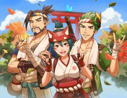  1girl 2boys alternate_costume arm_tattoo bandages bare_pectorals beard blue_sky brown_eyes brown_hair chest_tattoo closed_mouth cloud collarbone day facial_hair falling_leaves fingerless_gloves fox fox_shadow_puppet genji_(overwatch) gloves green_hair green_shirt hair_between_eyes hand_on_own_arm hanzo_(overwatch) high_ponytail japanese_clothes kiriko_(overwatch) leaf looking_at_viewer multiple_boys official_alternate_costume open_clothes open_mouth open_shirt outdoors overwatch overwatch_1 overwatch_2 pectorals ponytail red_gloves ribbon rope sen_nai sheath sheathed shimenawa shirt short_hair sky smile sword tattoo torii tree upper_body v-shaped_eyebrows weapon white_ribbon white_shirt 