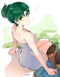  1girl absurdres ass bare_shoulders bath bathing blush boots unworn_boots breasts cleavage collarbone fire_emblem fire_emblem:_the_blazing_blade fire_emblem_heroes green_eyes green_hair hair_bun highres long_hair looking_at_viewer looking_back lyn_(fire_emblem) medium_breasts naked_towel nintendo onsen ormille parted_bangs ponytail simple_background single_hair_bun sitting smile solo steam thighs towel water wet white_towel  rating:Sensitive score:31 user:danbooru
