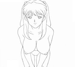 1girl breasts hands_on_legs hands_on_own_legs hands_on_own_thighs hands_on_thighs hanging_breasts large_breasts leaning_forward legs long_hair looking_at_viewer monochrome navel neon_genesis_evangelion nipples nude pussy seductive_smile sketch smile solo souryuu_asuka_langley thighs traditional_media twintails rating:Explicit score:6 user:spk
