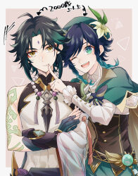  2boys absurdres ahoge aqua_eyes aqua_hair arm_tattoo arrow_(symbol) beret black_bow black_bowtie black_hair blue_gemstone blue_gloves blue_hair border bow bowtie braid brown_corset buttons cape cecilia_flower_(genshin_impact) closed_mouth collared_cape collared_shirt corset crossed_arms detached_sleeves diamond-shaped_pupils diamond_(shape) eyeshadow facial_mark flower forehead_mark gem genshin_impact gloves gold_trim gradient_hair green_cape green_headwear green_shorts hair_between_eyes hand_up hat hat_flower hat_ornament highres index_finger_raised jewelry leaf_hat_ornament long_sleeves looking_at_viewer makeup male_focus mandarin_collar mizuamememe multicolored_hair multiple_boys necklace one_eye_closed open_mouth outside_border pearl_necklace pink_background pom_pom_(clothes) puffy_long_sleeves puffy_sleeves purple_hair red_eyeshadow shirt short_hair shorts sidelocks single_bare_shoulder single_detached_sleeve sleeveless sleeveless_shirt smile standing striped_bow striped_bowtie striped_clothes symbol-shaped_pupils tassel tattoo teeth tongue triangle_background twin_braids two-sided_cape two-sided_fabric two-tone_hair v-shaped_eyebrows venti_(genshin_impact) vision_(genshin_impact) white_border white_shirt wide_sleeves wing_collar xiao_(genshin_impact) yellow_cape yellow_eyes yellow_flower 