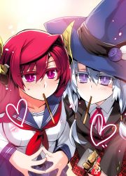  10s 2girls blue_eyes blue_hair blush breasts food hat heart highres horns ishida_akira large_breasts long_hair looking_at_viewer maou_(maoyuu) maoyuu_maou_yuusha multiple_girls onna_mahoutsukai_(maoyuu) pocky pocky_kiss purple_eyes red_eyes red_hair school_uniform shared_food smile take_your_pick witch_hat 