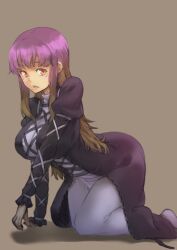  1girl black_dress breasts brown_background brown_eyes brown_hair commentary cross-laced_clothes dress from_side full_body gradient_hair highres hijiri_byakuren juliet_sleeves kakone large_breasts long_hair long_sleeves looking_at_viewer multicolored_hair open_mouth puffy_sleeves purple_hair simple_background solo touhou white_dress 