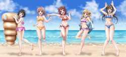  5girls :d alternate_hairstyle armpits arms_up ass back bang_dream! bare_shoulders barefoot beach bikini black_hair blonde_hair blue_bikini blue_eyes blue_jacket blue_sky blunt_bangs blush breasts brown_hair chocolate_cornet cleavage clenched_hands cloud collarbone commentary cone_hair_bun crossed_bangs day food food-themed_ornament full_body green_eyes groin group_picture hair_between_eyes hair_bun hair_flaps hair_ornament hairclip hanazono_tae hand_up head_tilt highleg highleg_bikini highres holding ichigaya_arisa inflatable_raft jacket knees_together_feet_apart long_hair long_sleeves looking_at_viewer low_ponytail low_twintails medium_breasts multi-strapped_bikini multiple_girls navel ocean off_shoulder open_mouth outdoors outstretched_arm pink_bikini ponytail poppin&#039;party purple_bikini purple_eyes rabbit_pose red_bikini red_eyes saateen_(tsubame-project13) shadow short_hair side-tie_bikini_bottom sidelocks skindentation sky small_breasts smile standing standing_on_one_leg star_(symbol) star_hair_ornament stomach swimsuit teeth toyama_kasumi twintails upper_teeth_only ushigome_rimi x_hair_ornament yamabuki_saya yellow_bikini yellow_eyes 