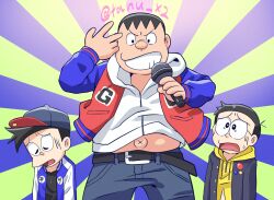  3boys antenna_hair artist_name baseball_cap belt black_hair blue_background buster_bros!!! closed_eyes cosplay doraemon emphasis_lines frown gloom_(expression) gouda_takeshi green_background grin hat holding holding_microphone honekawa_suneo hypnosis_mic hypnosis_microphone jacket letterman_jacket long_sleeves looking_at_another male_focus microphone multiple_boys navel_peek nervous_sweating nobi_nobita open_mouth outie_navel parody smile sweat sweatdrop turn_pale two-tone_background user_rgym2327 voice_actor_connection yamada_ichiro yamada_ichiro_(cosplay) yamada_jiro yamada_jiro_(cosplay) yamada_saburo yamada_saburo_(cosplay) 