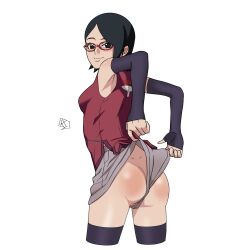 1girl absurdres aldwelter arms_behind_back artist_logo ass ass_focus black_eyes black_hair boruto:_naruto_next_generations boruto:_naruto_the_movie butt_crack clothes_pull dimples_of_venus from_behind glasses highres looking_at_viewer looking_back naruto_(series) red-framed_eyewear short_hair shorts shorts_lift shorts_pull smile smiley_face solo ts uchiha_sarada uchiha_symbol white_background  rating:Questionable score:85 user:NHOSXRON