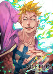  1boy anchor_tattoo blonde_hair blue_fire chest_tattoo collared_shirt copyright_name fire green_eyes highres lack male_focus marco_(one_piece) muscular muscular_male one_piece one_piece_card_game open_clothes open_shirt purple_shirt shirt solo spiked_hair tattoo upper_body veins 