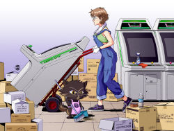  1980s_(style) 1girl 1other arcade_cabinet astro_city brown_hair cat cleaning commentary commission english_commentary full_body glasses gloves green_sports_bra jose_salot oldschool original overalls retro_artstyle shoes short_hair sneakers sports_bra sweat white_gloves 
