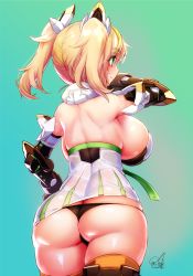  1girl aqua_eyes ass back backboob backless_dress backless_outfit bare_shoulders black_panties blonde_hair blush breasts butt_crack colored_eyelashes cowboy_shot curvy doyouwantto dress elbow_gloves from_behind gene_(pso2) gloves green_hair headgear highres huge_breasts long_hair multicolored_hair panties phantasy_star phantasy_star_online_2 shiny_skin sideboob simple_background skindentation smile solo streaked_hair thick_thighs thighhighs thighs thong twintails two-tone_hair underwear wide_hips  rating:Sensitive score:88 user:danbooru