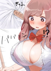 !? 1girl blush bow bowtie bra breasts broom brown_hair bursting_breasts buttons cleavage collarbone collared_shirt holding holding_broom kaisen_chuui large_breasts long_hair open_clothes open_mouth open_shirt original popped_button red_bow red_neckwear school_uniform shirt short_sleeves simple_background underwear upper_body white_background white_shirt rating:Sensitive score:135 user:danbooru