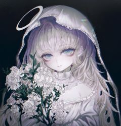  1girl absurdres bags_under_eyes black_background blue_eyes bouquet bridal_veil closed_mouth female_focus flower gradient_background grey_hair halo highres holding holding_bouquet long_hair looking_at_viewer original pale_skin peginkooo solo upper_body veil  rating:General score:5 user:ponekad