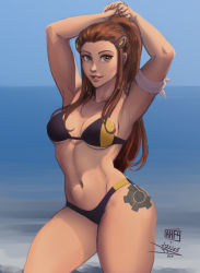 1girl armband armpits arms_up beach bikini black_bikini breasts brigitte_(overwatch) brown_eyes brown_hair collaboration colorized commentary contrapposto cowboy_shot english_commentary hair_ornament hairclip horizon iahfy leg_tattoo light_smile lips long_hair looking_at_viewer medium_breasts mike_nesbitt navel nose ocean overwatch parted_lips ponytail solo standing swimsuit tattoo thick_thighs thighs toned underboob rating:Sensitive score:21 user:danbooru