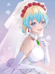 1girl :d artist_name bare_shoulders blonde_hair blue_hair bridal_veil bride brooch dated dress earrings elbow_gloves flower from_behind gloves hair_flower hair_ornament highres jewelry looking_at_viewer mugitoro_(dsfv2277) multicolored_hair nia_teppelin open_mouth red_flower red_rose rose smile solo symbol-shaped_pupils tengen_toppa_gurren_lagann two-tone_hair upper_body veil wedding_dress white_dress white_gloves 