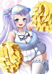  1girl :d ako_suke bare_shoulders blue_archive blue_eyes blush breasts cheerleader covered_erect_nipples crop_top fang halo hanae_(blue_archive) hanae_(cheer_squad)_(blue_archive) highres large_breasts leg_up long_hair looking_at_viewer open_mouth pink_halo pleated_skirt pom_pom_(cheerleading) purple_hair shoes simple_background skin_fang skirt sleeveless smile solo standing standing_on_one_leg thighhighs visor_cap white_background white_footwear white_skirt white_thighhighs zettai_ryouiki 