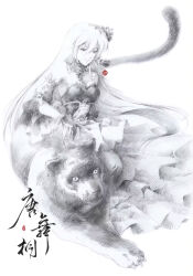  1girl artist_request bare_shoulders black_dress black_gloves black_panther detached_collar detached_sleeves douluo_dalu dress flower flower_in_mouth gloves graphite_(medium) greyscale hair_flower hair_ornament highres long_hair looking_down monochrome panther rose second-party_source sitting solo tang_wutong_(douluo_dalu) traditional_media upper_body 