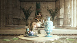 1girl 3d armor blurry breasts brown_hair chalice cleavage crossed_legs cup depth_of_field egyptian egyptian_clothes full_body gorget greaves green_eyes headdress hieroglyphics highres indoors jewelry kingdom_under_fire lily_pad long_hair looking_at_viewer medium_breasts midriff no_bra original pauldrons plant plate primrose_egypt ryanreos shoulder_armor sidelocks sitting solo statue table vambraces vase water