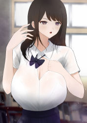 1girl absurdres blue_bow blue_bowtie blurry blurry_background bow bowtie bra bra_visible_through_clothes breasts brown_eyes brown_hair classroom cleavage dress female_focus highres hot huge_breasts long_hair loose_bowtie messy_hair nervous_sweating parted_lips partially_unbuttoned pleated_skirt school_uniform see-through shirt_tucked_in shirt_tug short_sleeves skirt solo steaming_body sweat sweatdrop underwear very_sweaty white_bra window zakuro176 rating:Sensitive score:39 user:a-human
