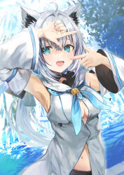 1girl absurdres aisu_(icicleshot) animal_ears aqua_eyes detached_sleeves grey_hair highres hololive long_hair looking_at_viewer open_mouth shirakami_fubuki smile solo virtual_youtuber wolf_ears